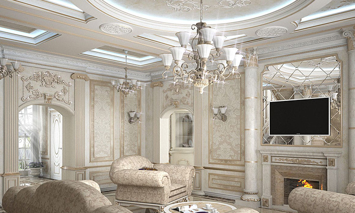 Интерьер с потолочными плинтусами. Стиль классицизм