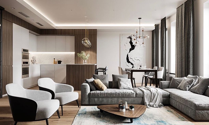 Интерьер с потолочными плинтусами. Современный стиль.