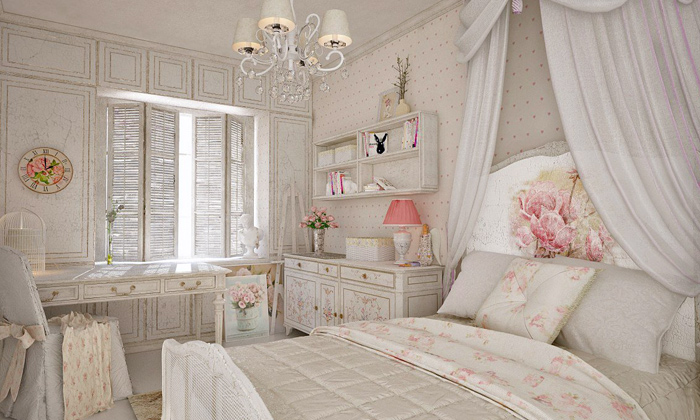 Интерьер с карнизами в стилях шебби-шик и винтаж