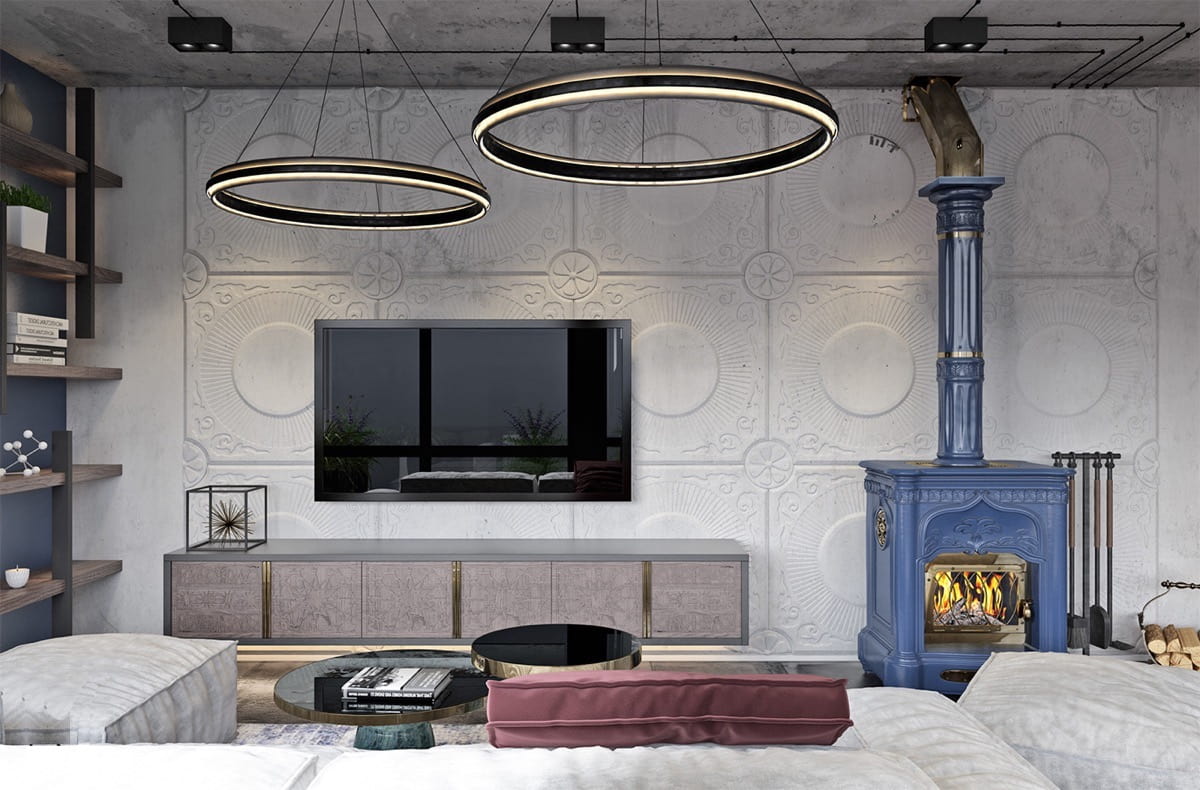 Камин, окрашенный в светлый цвет, поможет внести разнообразие в однотонный интерьер