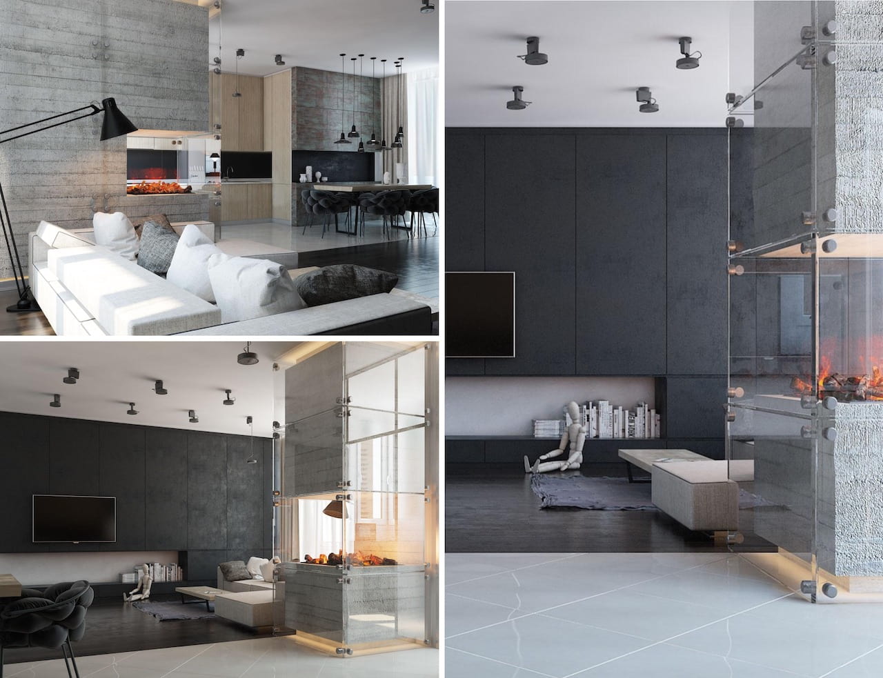 Современный камин из бетона и стекла идеально впишется в интерьер в стиле хай-тек