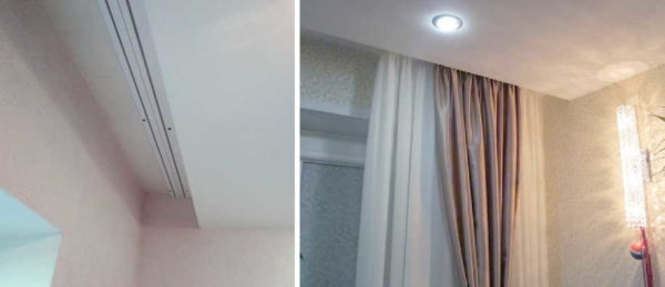 Для натяжных потолков обычно используют струнные карнизы для штор, Ккоторые монтируют к перекрытию