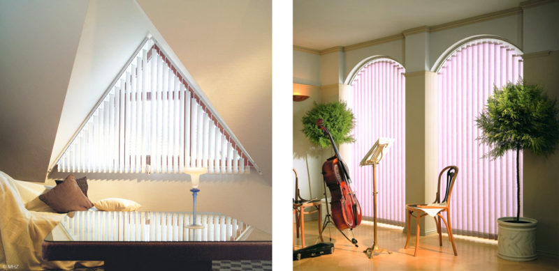 Шторы на мансардные окна со скошенным потолком в деревянном бревенчатом доме: скошенные, треугольные занавески