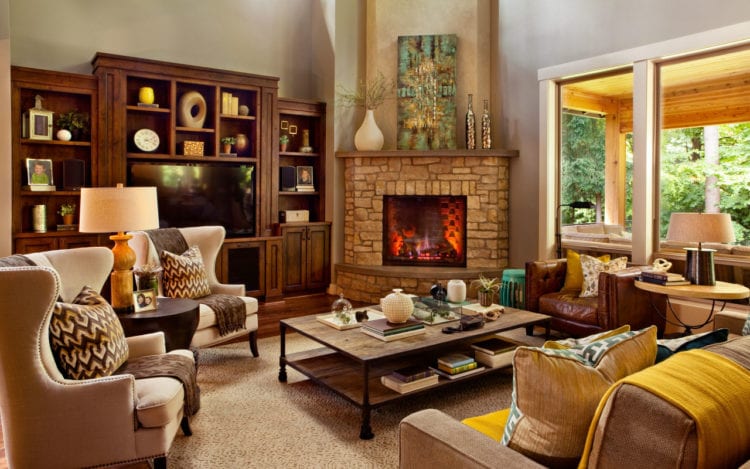 Дизайн углового камина в гостиной