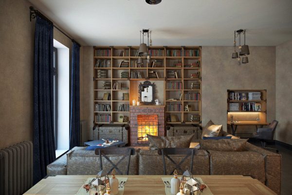 В самом начале зарождения стиля камин использовался для обогрева большого помещения. Сегодня он выполняет чисто декоративную роль.