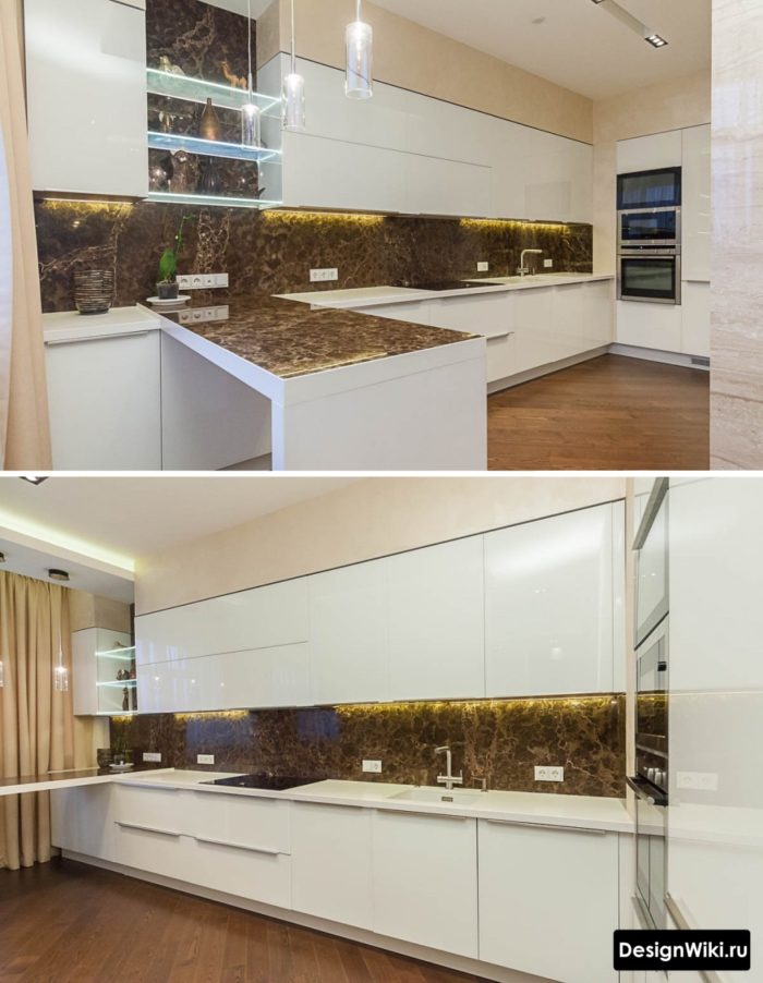 Белая кухня с бежевыми шторами в пол