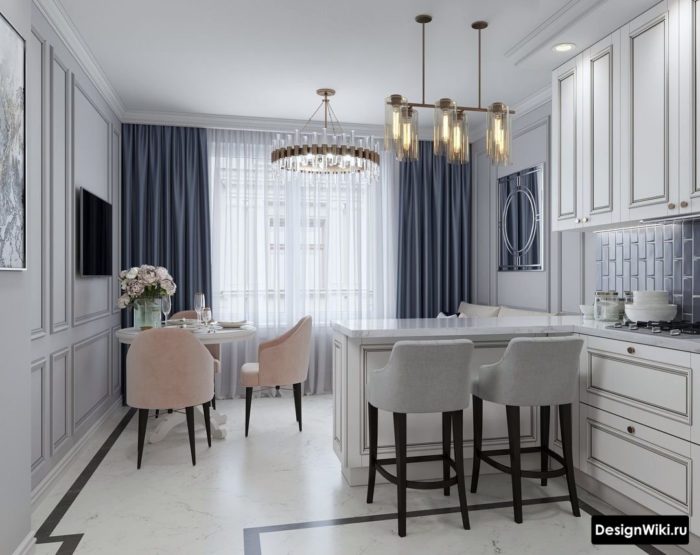 Классическая кухня с серыми шторами