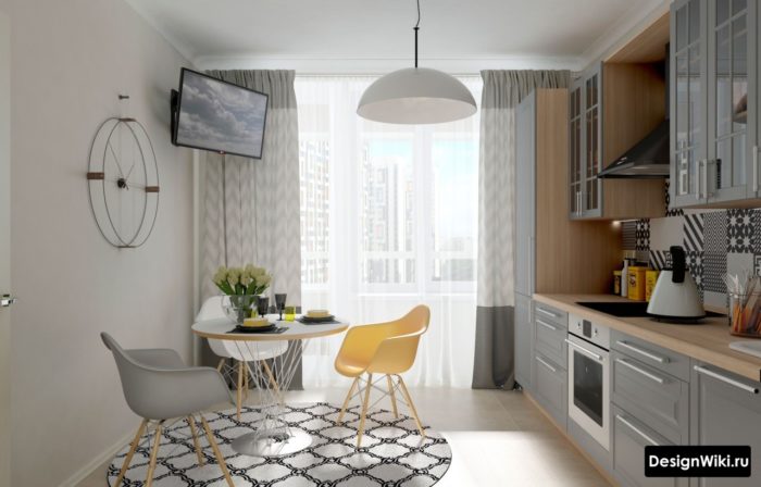 Серые шторы с рисунком на кухню в скандинавском стиле