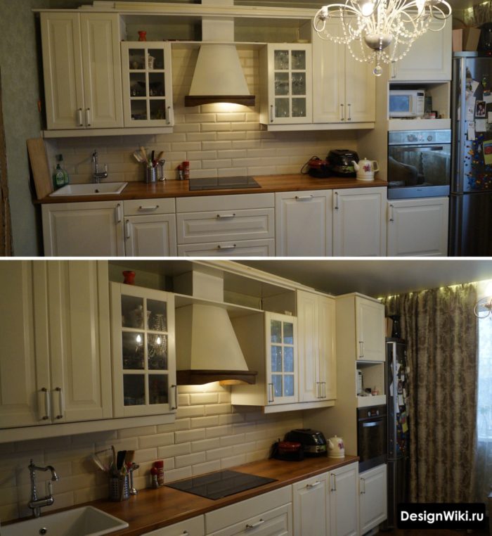 Темные шторы в интерьере светлой кухни