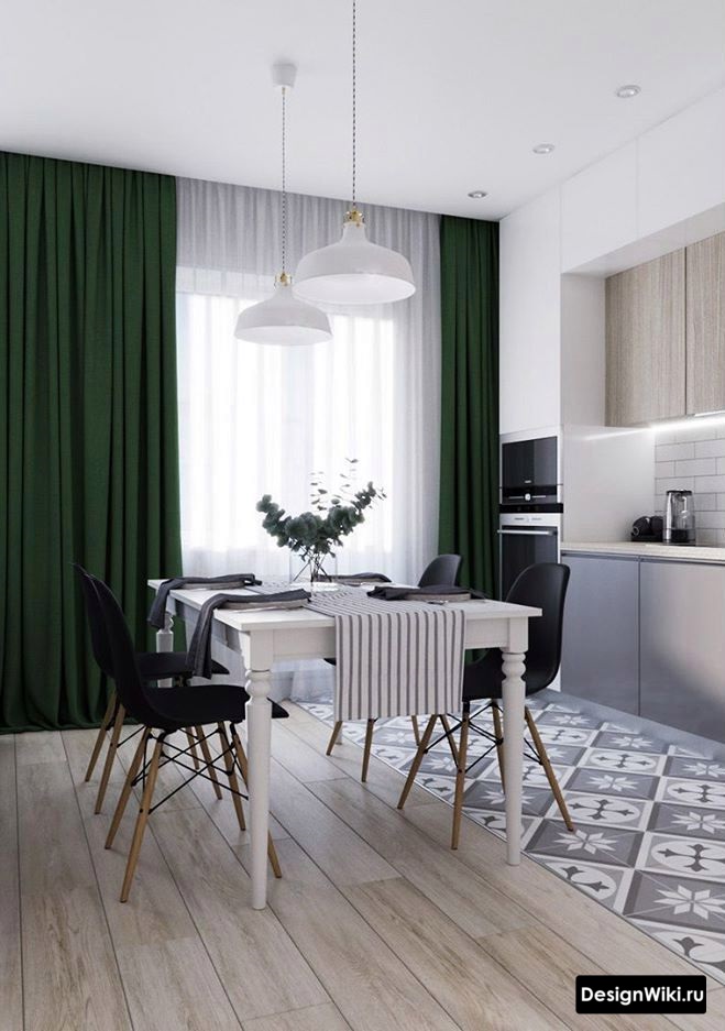 Темно-зеленые шторы в современном интерьере кухни