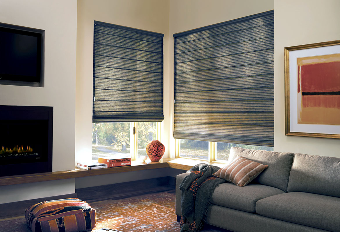 Рулонная штора в гостиной в современном интерьере.