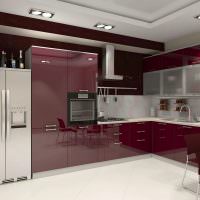 Дизайн кухни бордового цвета, сочетание с белым, желтым цветом
