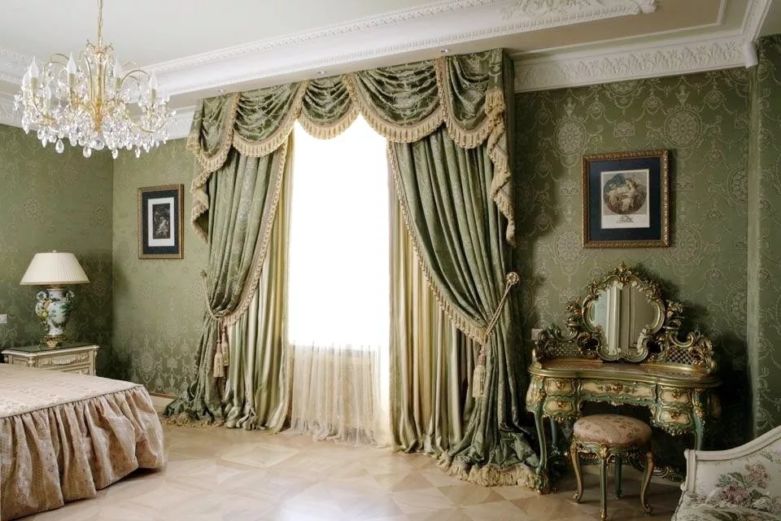 Зеленые шторы в интерьере: фото дизайнов гостиных, спален и кухонь