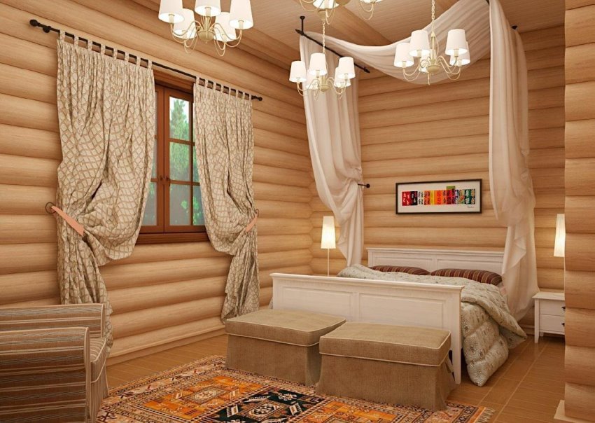 Простой, но стильный интерьер, дополненный шторами