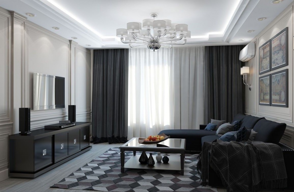 Двухцветные серые шторы в гостиной