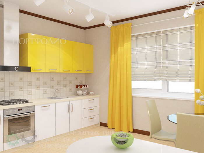 Дизайн кухни бордового цвета, сочетание с белым, желтым цветом