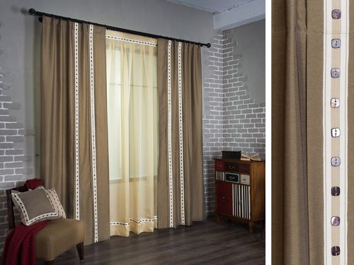 Коричнево-бежевые шторы в интерьере в тон мебели